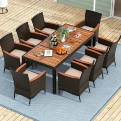 9 TLG. Rattan Gartenmöbel Set Outdoor Sitzgruppe 8 Stühle mit Gartentisch Braun/Schwarz/Grau