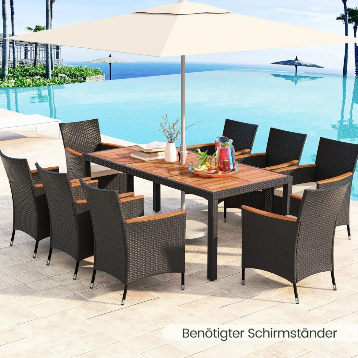 9 TLG. Rattan Gartenmöbel Set Outdoor Sitzgruppe 8 Stühle mit Gartentisch Braun/Schwarz/Grau