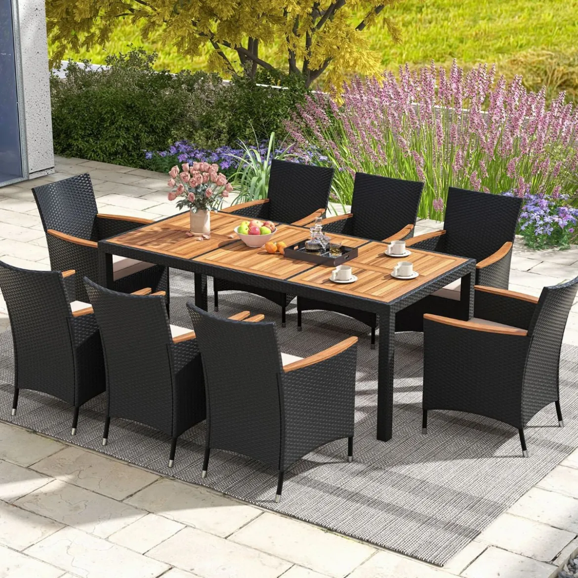 9 TLG. Rattan Gartenmöbel Set Outdoor Sitzgruppe 8 Stühle mit Gartentisch Braun/Schwarz/Grau