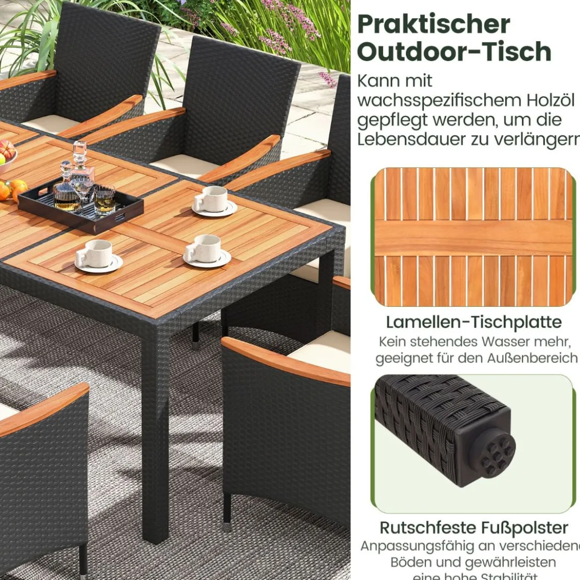 9 TLG. Rattan Gartenmöbel Set Outdoor Sitzgruppe 8 Stühle mit Gartentisch Braun/Schwarz/Grau