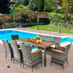 9 TLG. Rattan Gartenmöbel Set Outdoor Sitzgruppe 8 Stühle mit Gartentisch Braun/Schwarz/Grau