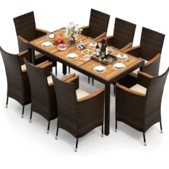9 TLG. Rattan Gartenmöbel Set Outdoor Sitzgruppe 8 Stühle mit Gartentisch Braun/Schwarz/Grau