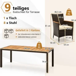 9 TLG. Rattan Gartenmöbel Set Outdoor Sitzgruppe 8 Stühle mit Gartentisch Braun/Schwarz/Grau