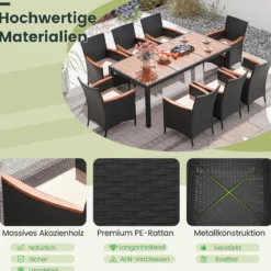 9 TLG. Rattan Gartenmöbel Set Sitzgruppe für 8 Personen Gartentisch aus Akazienholz