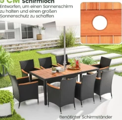 9 TLG. Rattan Gartenmöbel Set Sitzgruppe für 8 Personen Gartentisch aus Akazienholz