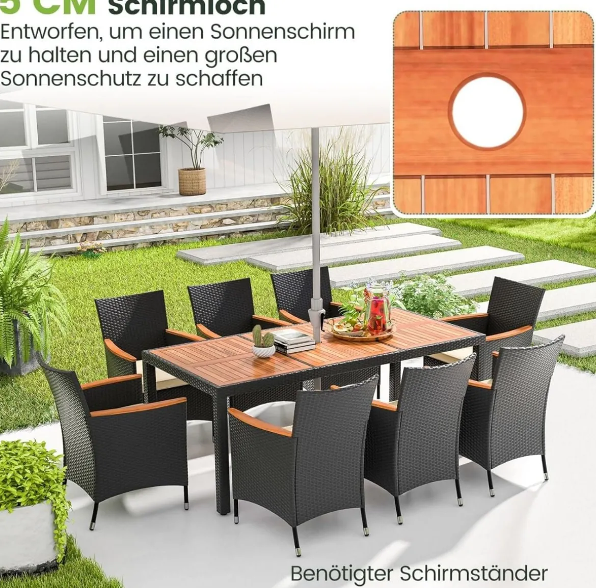 9 TLG. Rattan Gartenmöbel Set Sitzgruppe für 8 Personen Gartentisch aus Akazienholz