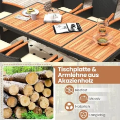9 TLG. Rattan Gartenmöbel Set Sitzgruppe für 8 Personen Gartentisch aus Akazienholz