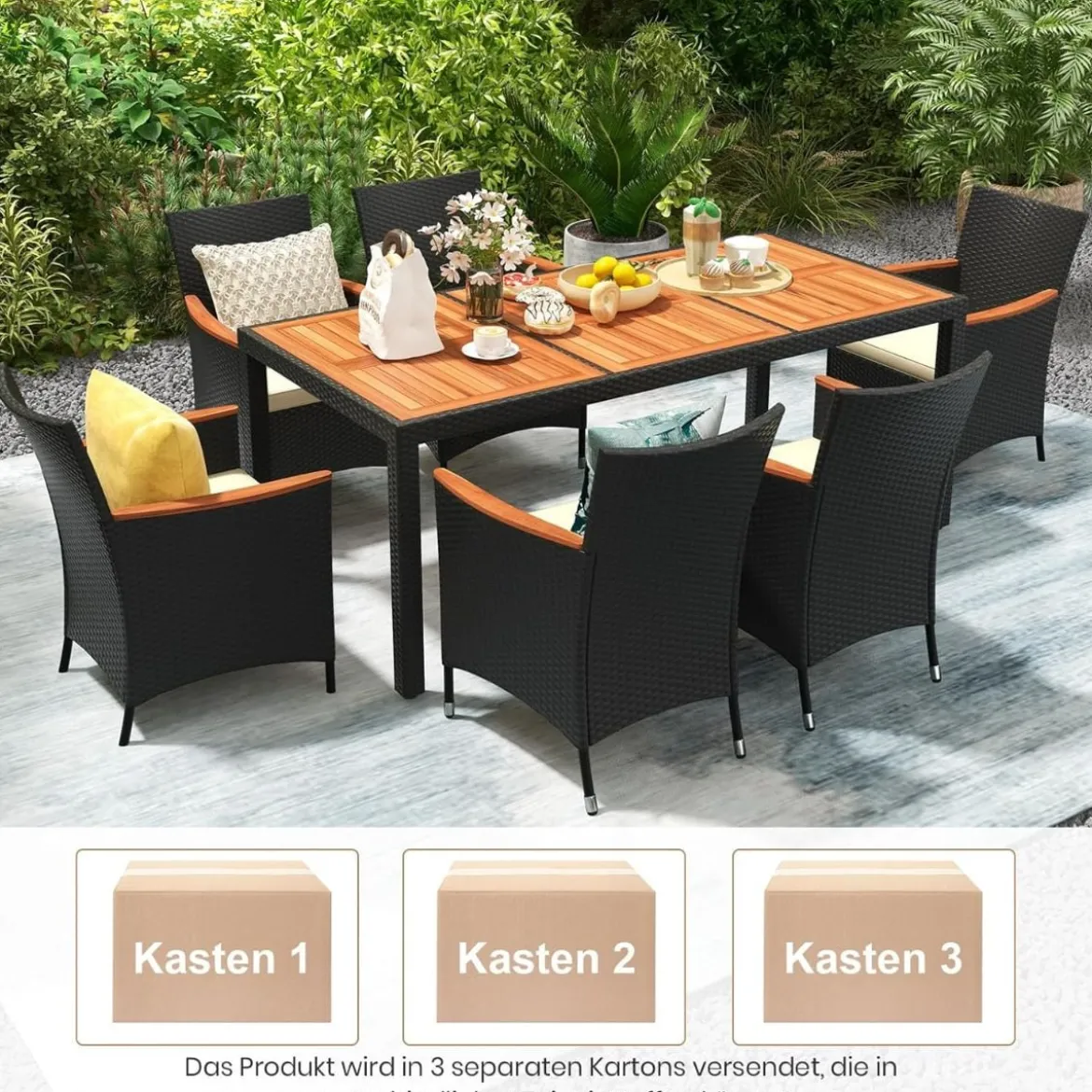 9 TLG. Rattan Gartenmöbel Set Sitzgruppe für 8 Personen Gartentisch aus Akazienholz