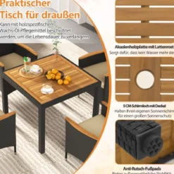 5 TLG. Rattan Gartenmöbel Set Sitzgruppe für 4 Personen Gartentisch mit Tischplatte & 4 Stühle