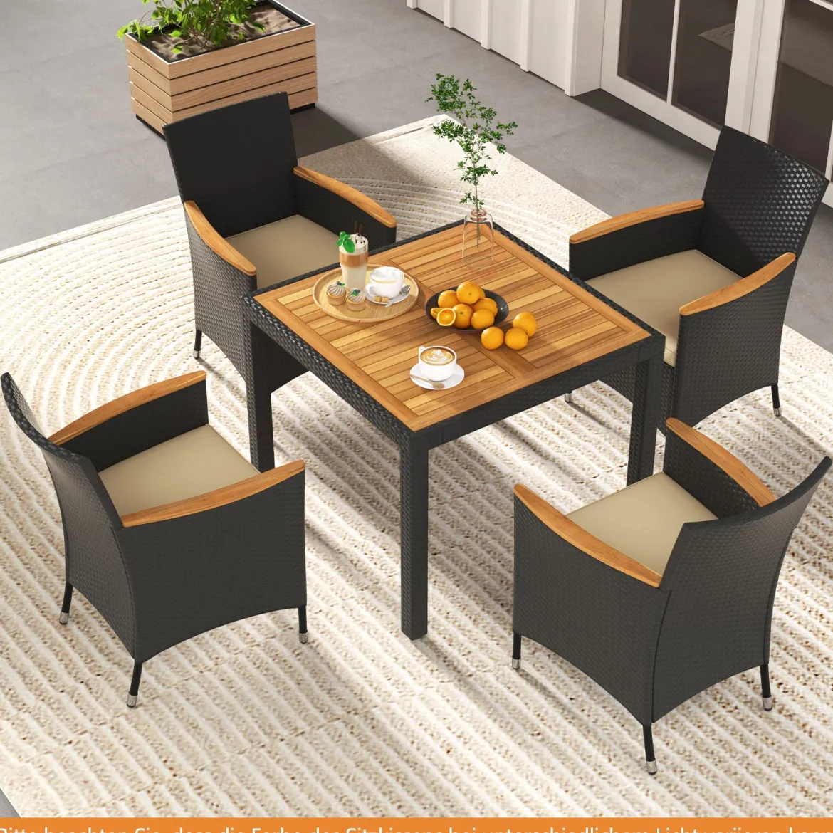 5 TLG. Rattan Gartenmöbel Set Sitzgruppe für 4 Personen Gartentisch mit Tischplatte & 4 Stühle