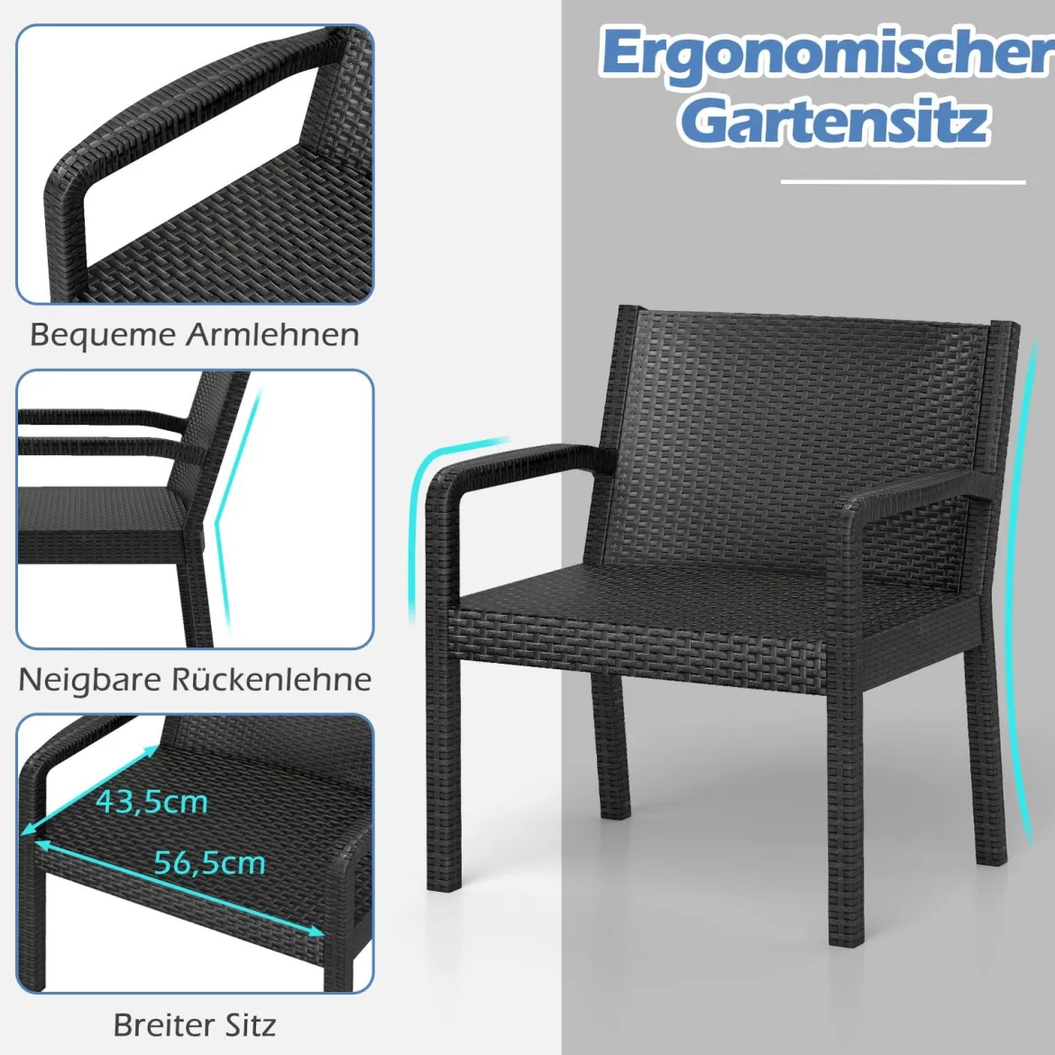 3tlg. Rattan Gartenmöbel Set Wetterfestes Balkonmöbel Balkonset inkl. 2 Stühle mit Tisch Schwarz