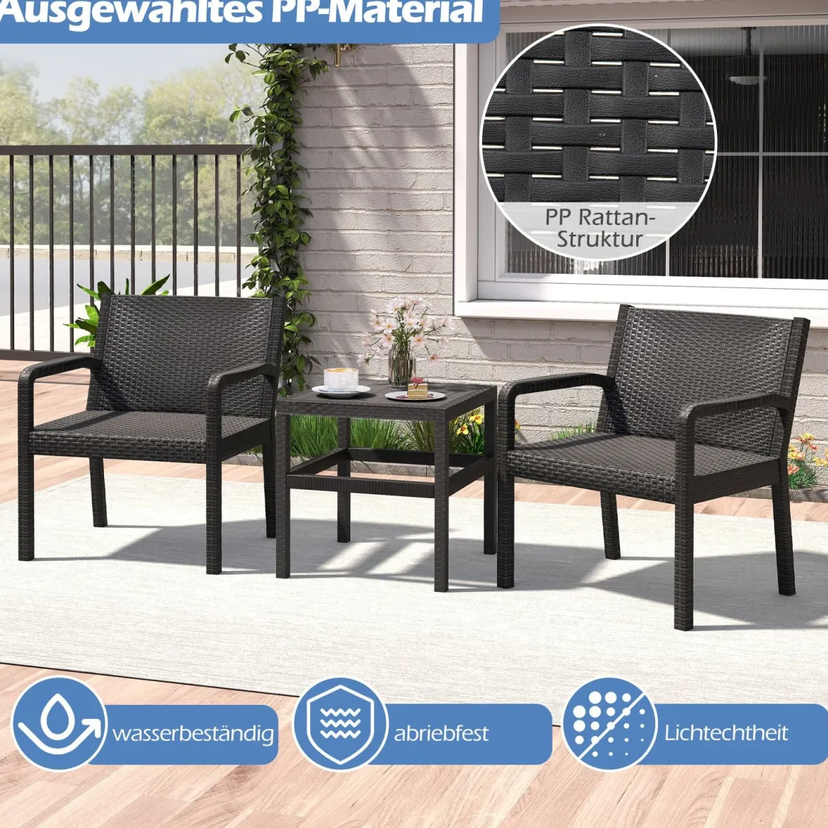 3tlg. Rattan Gartenmöbel Set Wetterfestes Balkonmöbel Balkonset inkl. 2 Stühle mit Tisch Schwarz