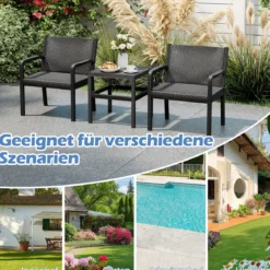 3tlg. Rattan Gartenmöbel Set Wetterfestes Balkonmöbel Balkonset inkl. 2 Stühle mit Tisch Schwarz