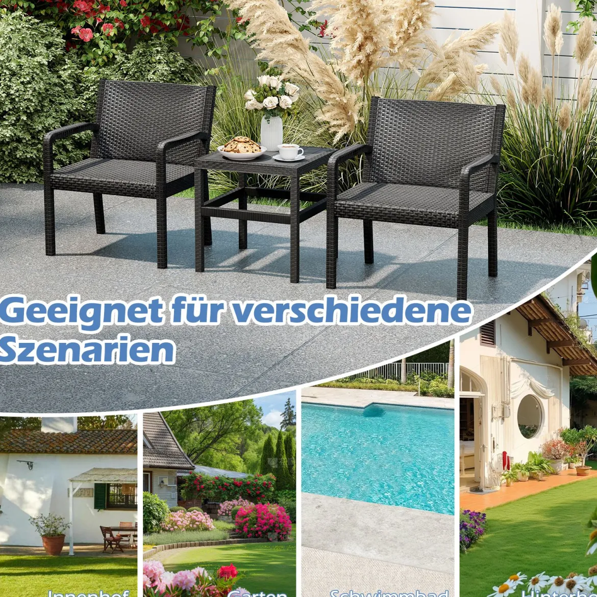 3tlg. Rattan Gartenmöbel Set Wetterfestes Balkonmöbel Balkonset inkl. 2 Stühle mit Tisch Schwarz
