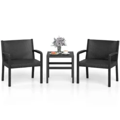 3tlg. Rattan Gartenmöbel Set Wetterfestes Balkonmöbel Balkonset inkl. 2 Stühle mit Tisch Schwarz
