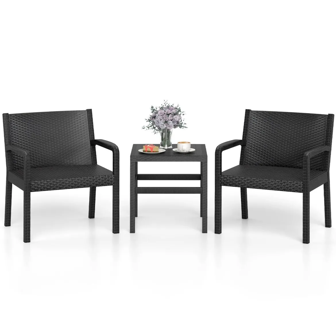 3tlg. Rattan Gartenmöbel Set Wetterfestes Balkonmöbel Balkonset inkl. 2 Stühle mit Tisch Schwarz