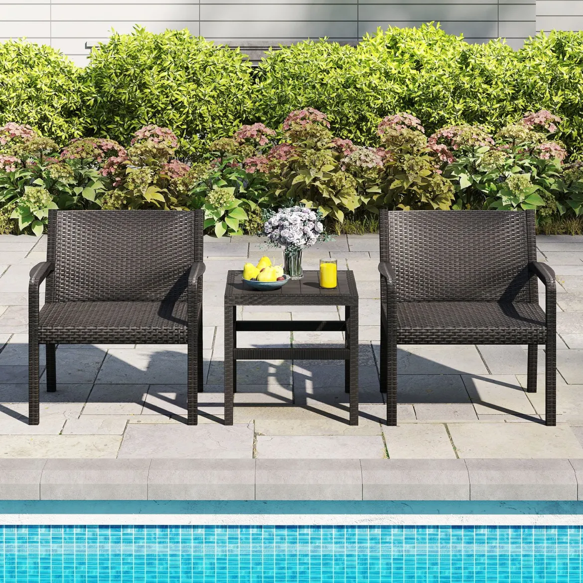 3tlg. Rattan Gartenmöbel Set Wetterfestes Balkonmöbel Balkonset inkl. 2 Stühle mit Tisch Schwarz