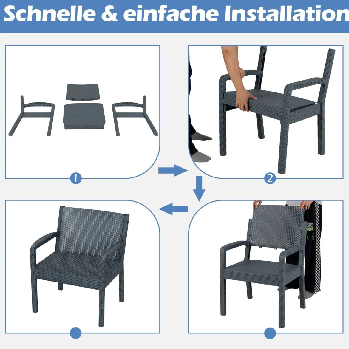 3tlg. Rattan Gartenmöbel Set Wetterfestes Balkonmöbel Balkonset inkl. 2 Stühle mit Tisch Grau