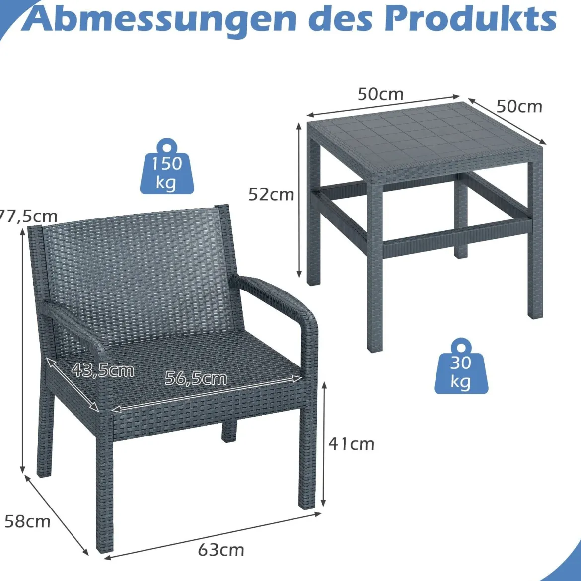 3tlg. Rattan Gartenmöbel Set Wetterfestes Balkonmöbel Balkonset inkl. 2 Stühle mit Tisch Grau