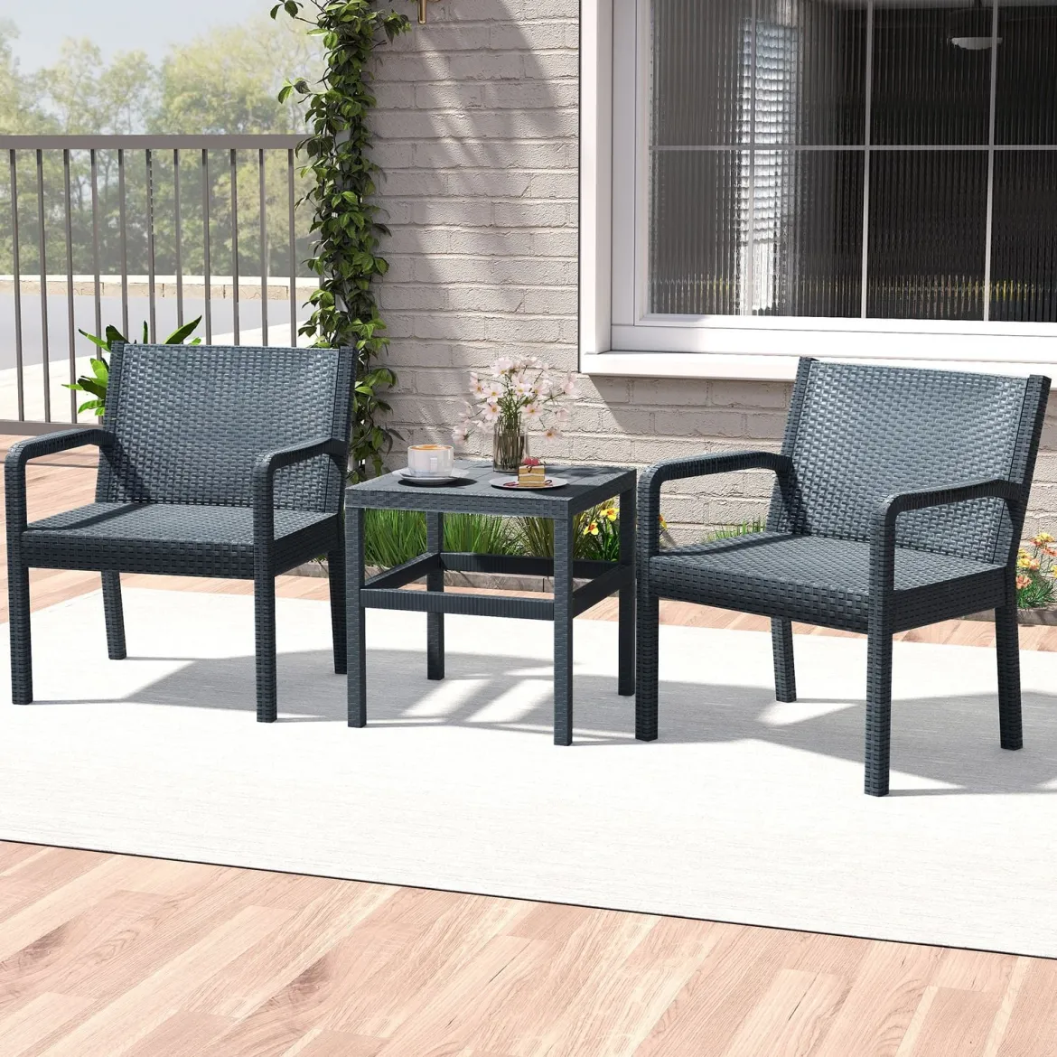 3tlg. Rattan Gartenmöbel Set Wetterfestes Balkonmöbel Balkonset inkl. 2 Stühle mit Tisch Grau
