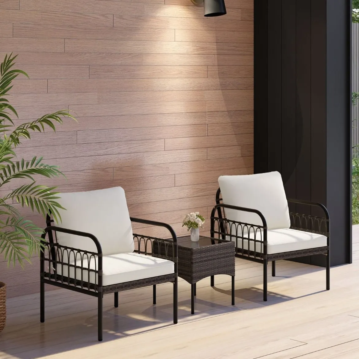 3tlg. Rattansessel Set mit Glas Beistelltisch & Kissen Gesprächsset Gartenmöbel Set Terrassenstühle