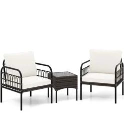 3tlg. Rattansessel Set mit Glas Beistelltisch & Kissen Gesprächsset Gartenmöbel Set Terrassenstühle