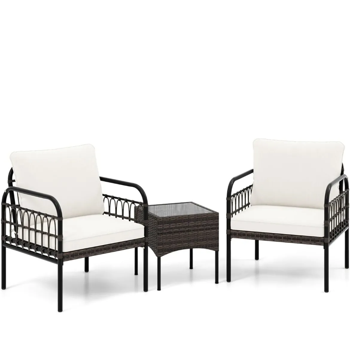 3tlg. Rattansessel Set mit Glas Beistelltisch & Kissen Gesprächsset Gartenmöbel Set Terrassenstühle