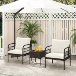 3tlg. Rattansessel Set mit Glas Beistelltisch & Kissen Gesprächsset Gartenmöbel Set Terrassenstühle