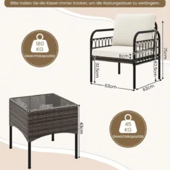 3tlg. Rattansessel Set mit Glas Beistelltisch & Kissen Gesprächsset Gartenmöbel Set Terrassenstühle