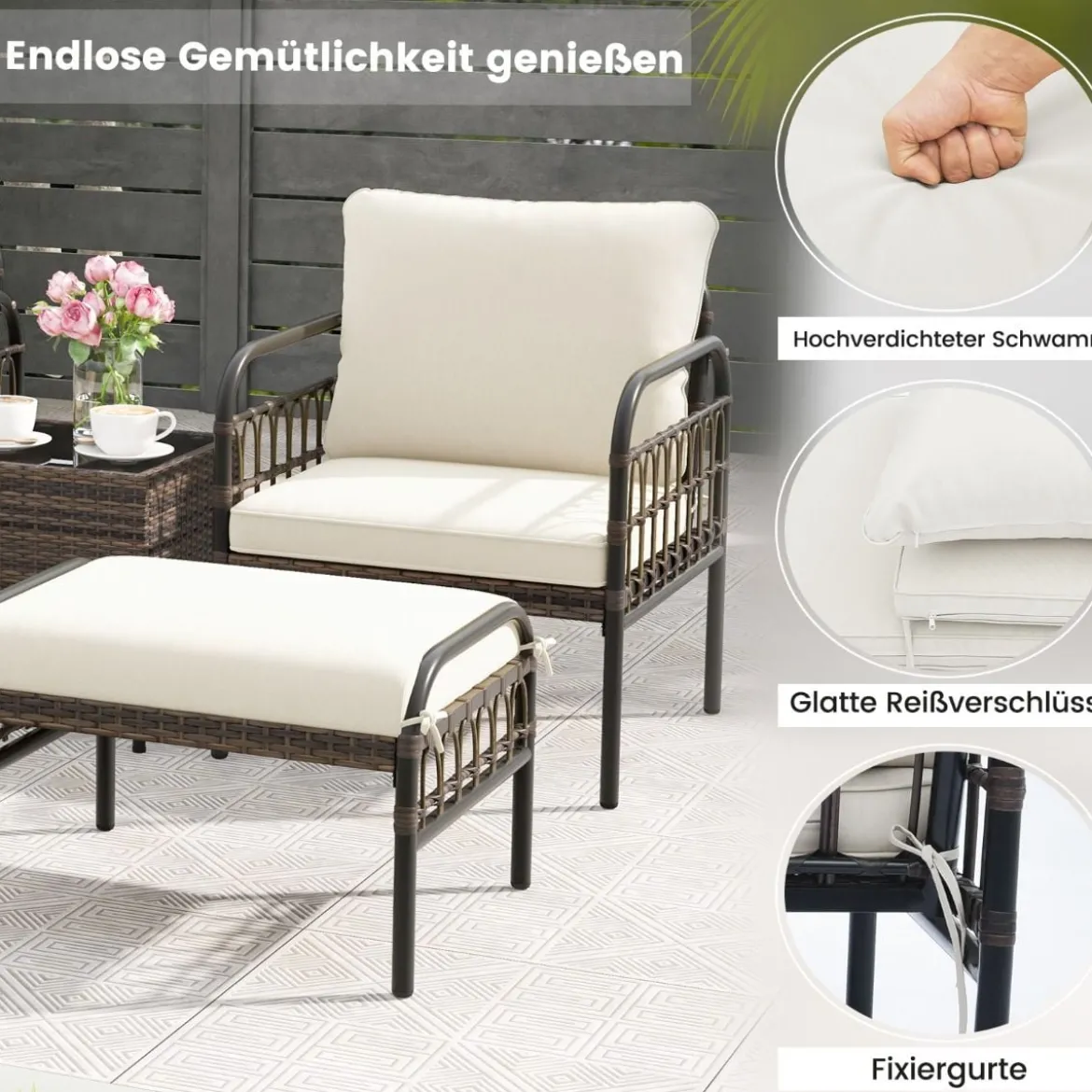 5 TLG. Rattansessel Set mit Ottomane & Beistelltisch & Kissen Gartensessel Terrassenstuhl