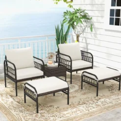 5 TLG. Rattansessel Set mit Ottomane & Beistelltisch & Kissen Gartensessel Terrassenstuhl