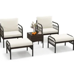 5 TLG. Rattansessel Set mit Ottomane & Beistelltisch & Kissen Gartensessel Terrassenstuhl