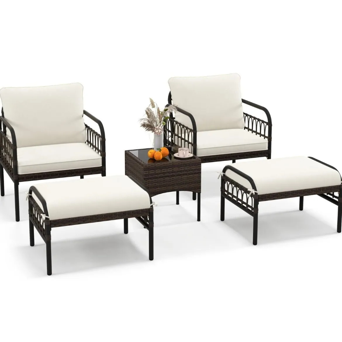 5 TLG. Rattansessel Set mit Ottomane & Beistelltisch & Kissen Gartensessel Terrassenstuhl