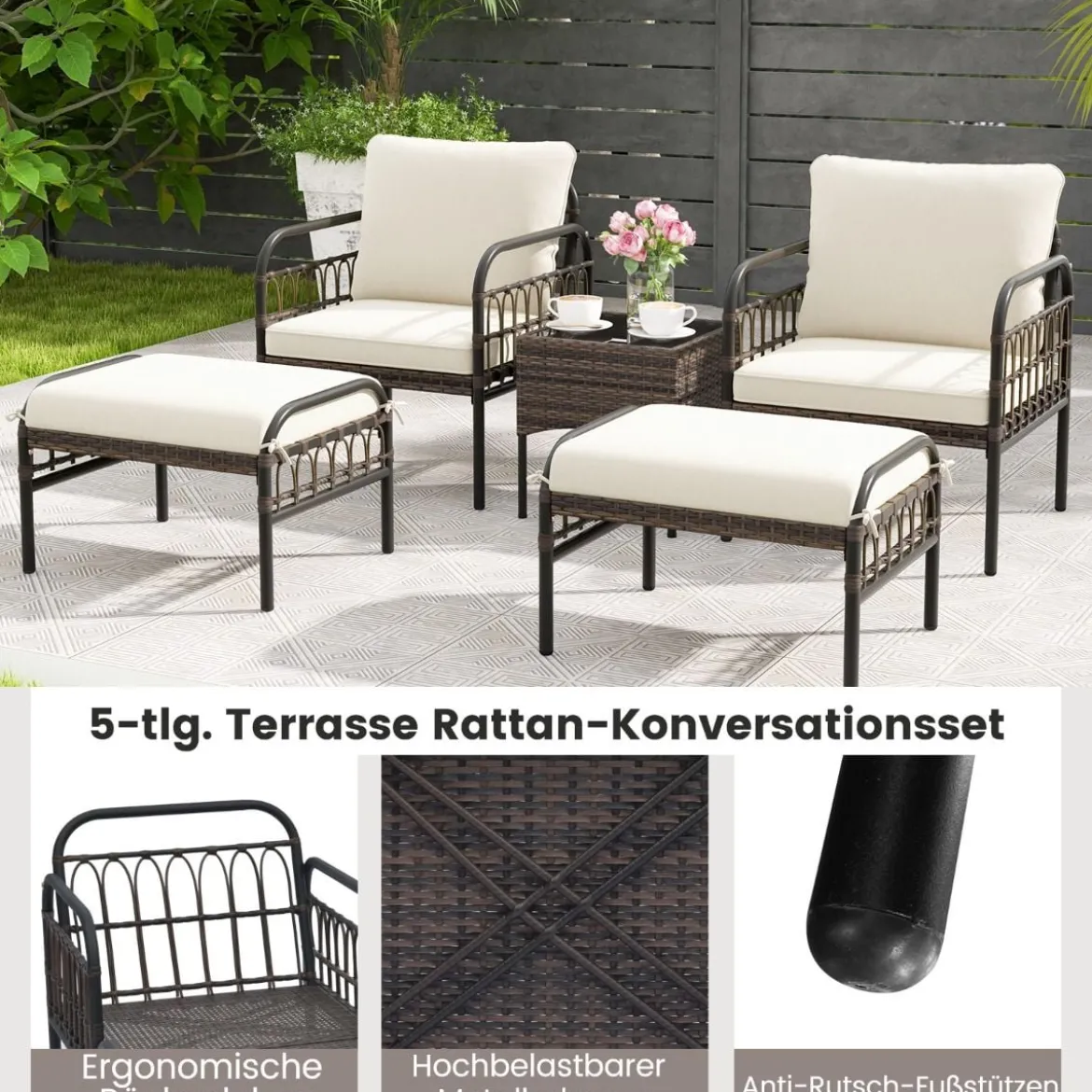 5 TLG. Rattansessel Set mit Ottomane & Beistelltisch & Kissen Gartensessel Terrassenstuhl