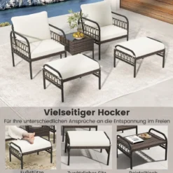 5 TLG. Rattansessel Set mit Ottomane & Beistelltisch & Kissen Gartensessel Terrassenstuhl