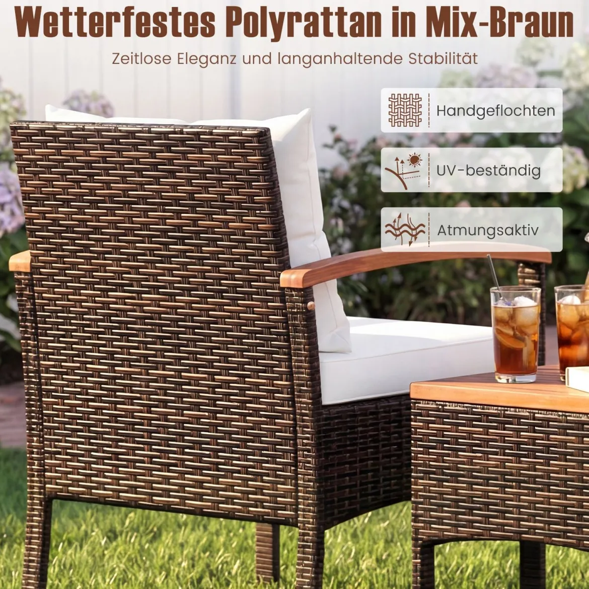 3tlg. Rattan Sitzgruppe Set mit 2 Sessel & 1 Beistelltisch Sitzgarnitur mit Akazienholzplatte & Sitzkissen Beige
