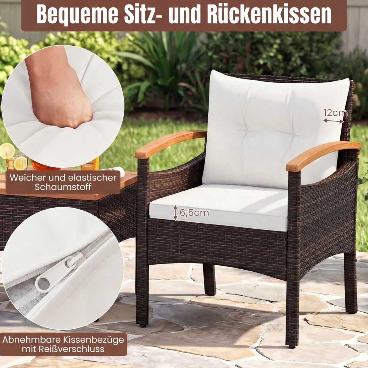 3tlg. Rattan Sitzgruppe Set mit 2 Sessel & 1 Beistelltisch Sitzgarnitur mit Akazienholzplatte & Sitzkissen Beige