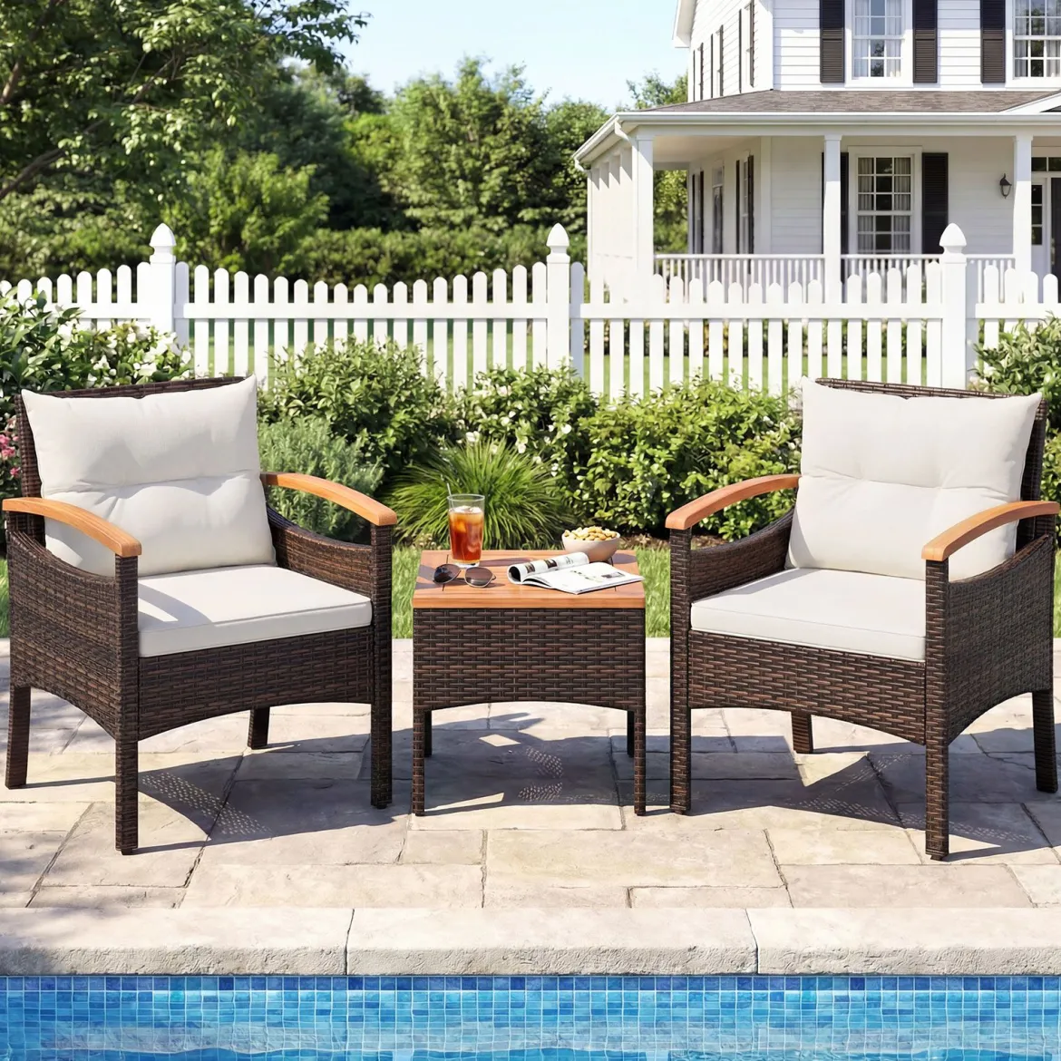 3tlg. Rattan Sitzgruppe Set mit 2 Sessel & 1 Beistelltisch Sitzgarnitur mit Akazienholzplatte & Sitzkissen Beige
