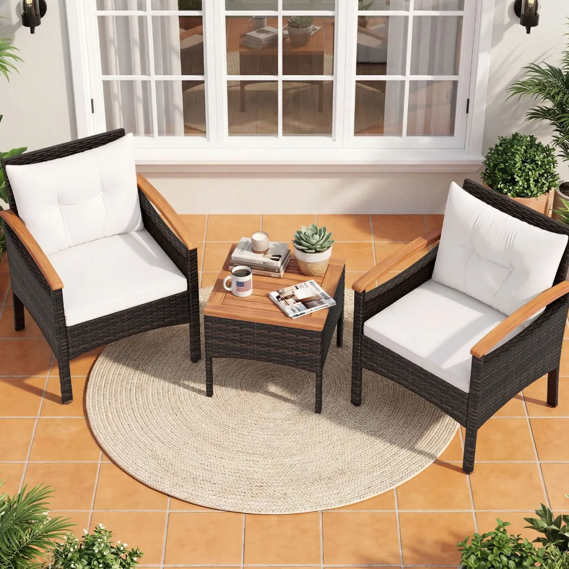 3tlg. Rattan Sitzgruppe Set mit 2 Sessel & 1 Beistelltisch Sitzgarnitur mit Akazienholzplatte & Sitzkissen Beige