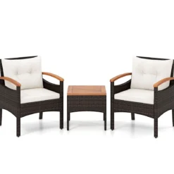 3tlg. Rattan Sitzgruppe Set mit 2 Sessel & 1 Beistelltisch Sitzgarnitur mit Akazienholzplatte & Sitzkissen Beige