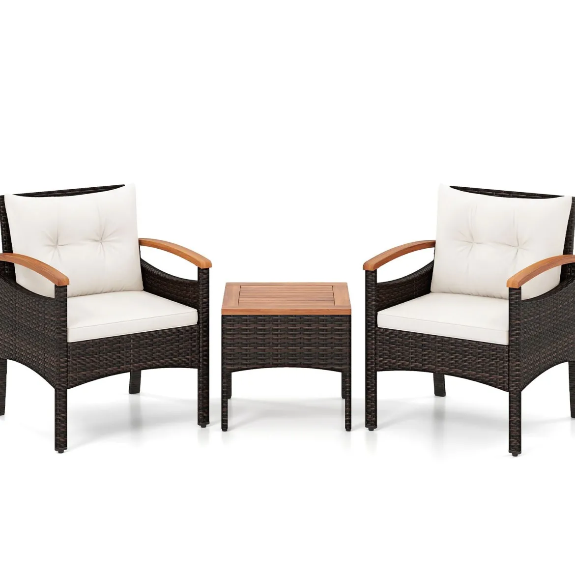 3tlg. Rattan Sitzgruppe Set mit 2 Sessel & 1 Beistelltisch Sitzgarnitur mit Akazienholzplatte & Sitzkissen Beige