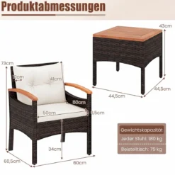 3tlg. Rattan Sitzgruppe Set mit 2 Sessel & 1 Beistelltisch Sitzgarnitur mit Akazienholzplatte & Sitzkissen Beige