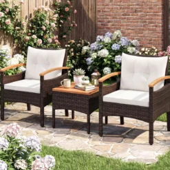 3tlg. Rattan Sitzgruppe Set mit 2 Sessel & 1 Beistelltisch Sitzgarnitur mit Akazienholzplatte & Sitzkissen Beige