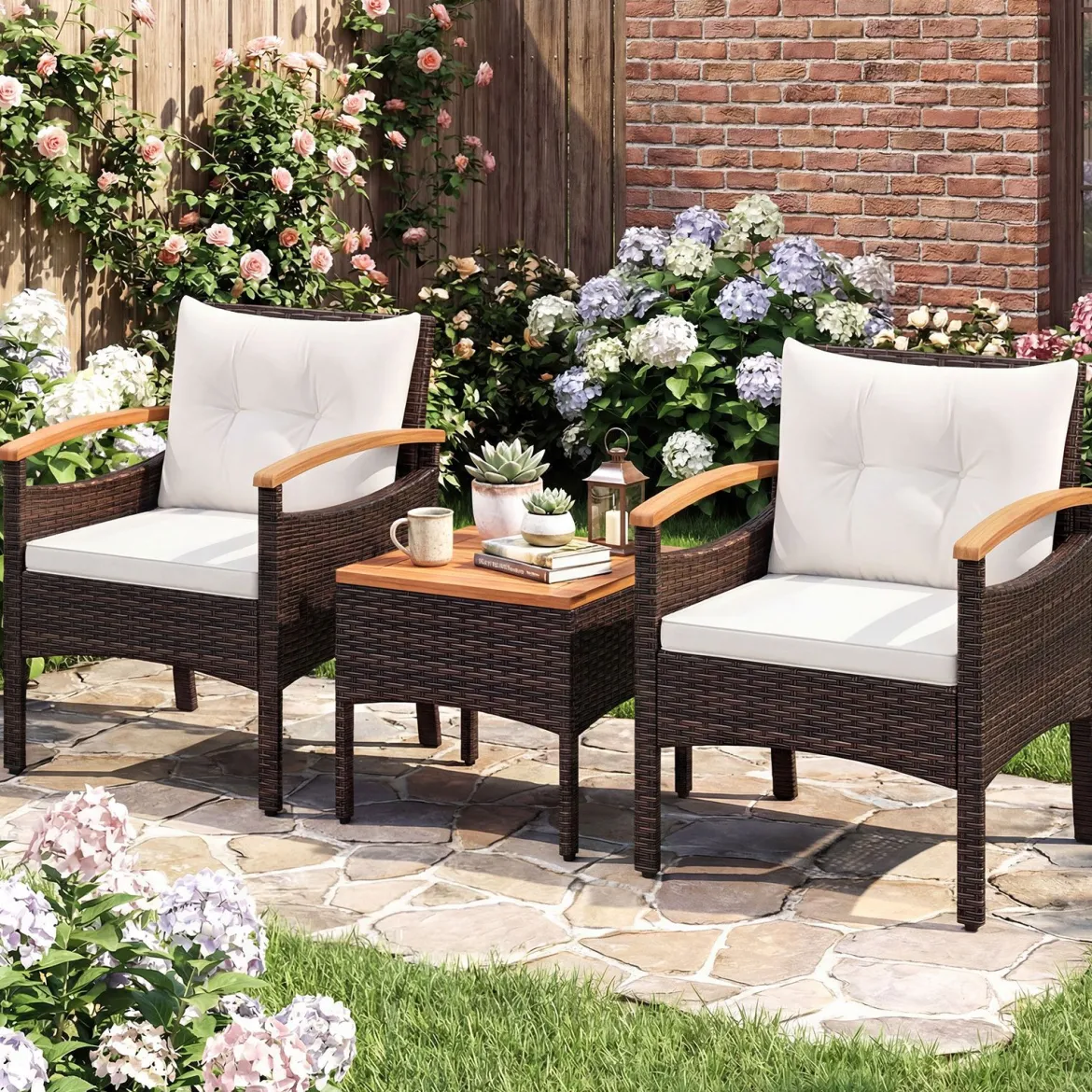 3tlg. Rattan Sitzgruppe Set mit 2 Sessel & 1 Beistelltisch Sitzgarnitur mit Akazienholzplatte & Sitzkissen Beige