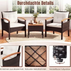 3tlg. Rattan Sitzgruppe Set mit 2 Sessel & 1 Beistelltisch Sitzgarnitur mit Akazienholzplatte & Sitzkissen Beige