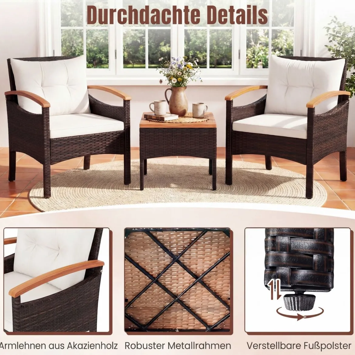 3tlg. Rattan Sitzgruppe Set mit 2 Sessel & 1 Beistelltisch Sitzgarnitur mit Akazienholzplatte & Sitzkissen Beige