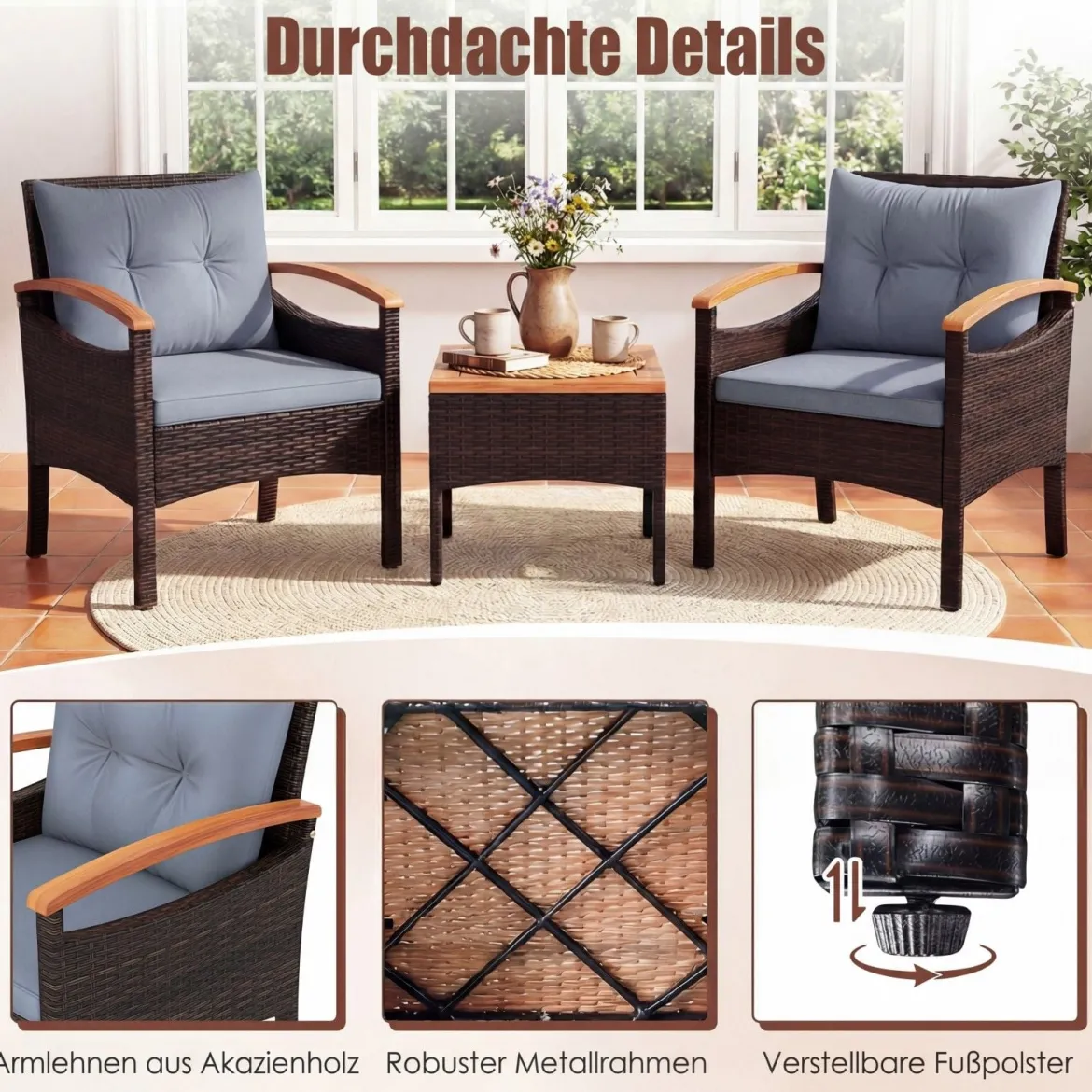 3tlg. Rattan Sitzgruppe Set mit 2 Sessel & 1 Beistelltisch Sitzgarnitur mit Akazienholzplatte & Sitzkissen Grau