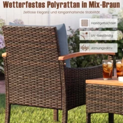 3tlg. Rattan Sitzgruppe Set mit 2 Sessel & 1 Beistelltisch Sitzgarnitur mit Akazienholzplatte & Sitzkissen Grau