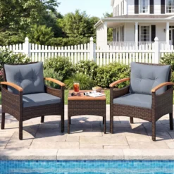 3tlg. Rattan Sitzgruppe Set mit 2 Sessel & 1 Beistelltisch Sitzgarnitur mit Akazienholzplatte & Sitzkissen Grau