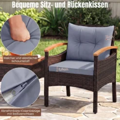 3tlg. Rattan Sitzgruppe Set mit 2 Sessel & 1 Beistelltisch Sitzgarnitur mit Akazienholzplatte & Sitzkissen Grau